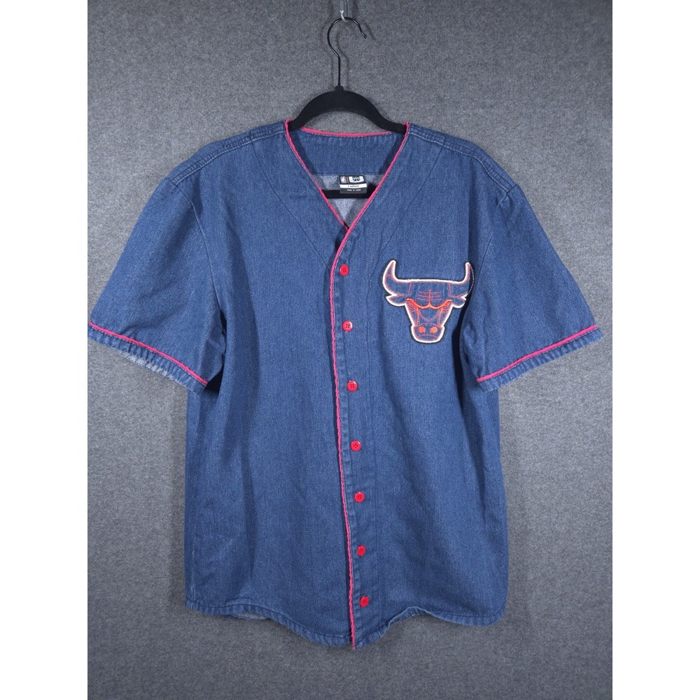 Vtg‎ Y2K Chicago Bulls NBA Denim Button Up Jersey Mens L Streetwear Hip-Hop